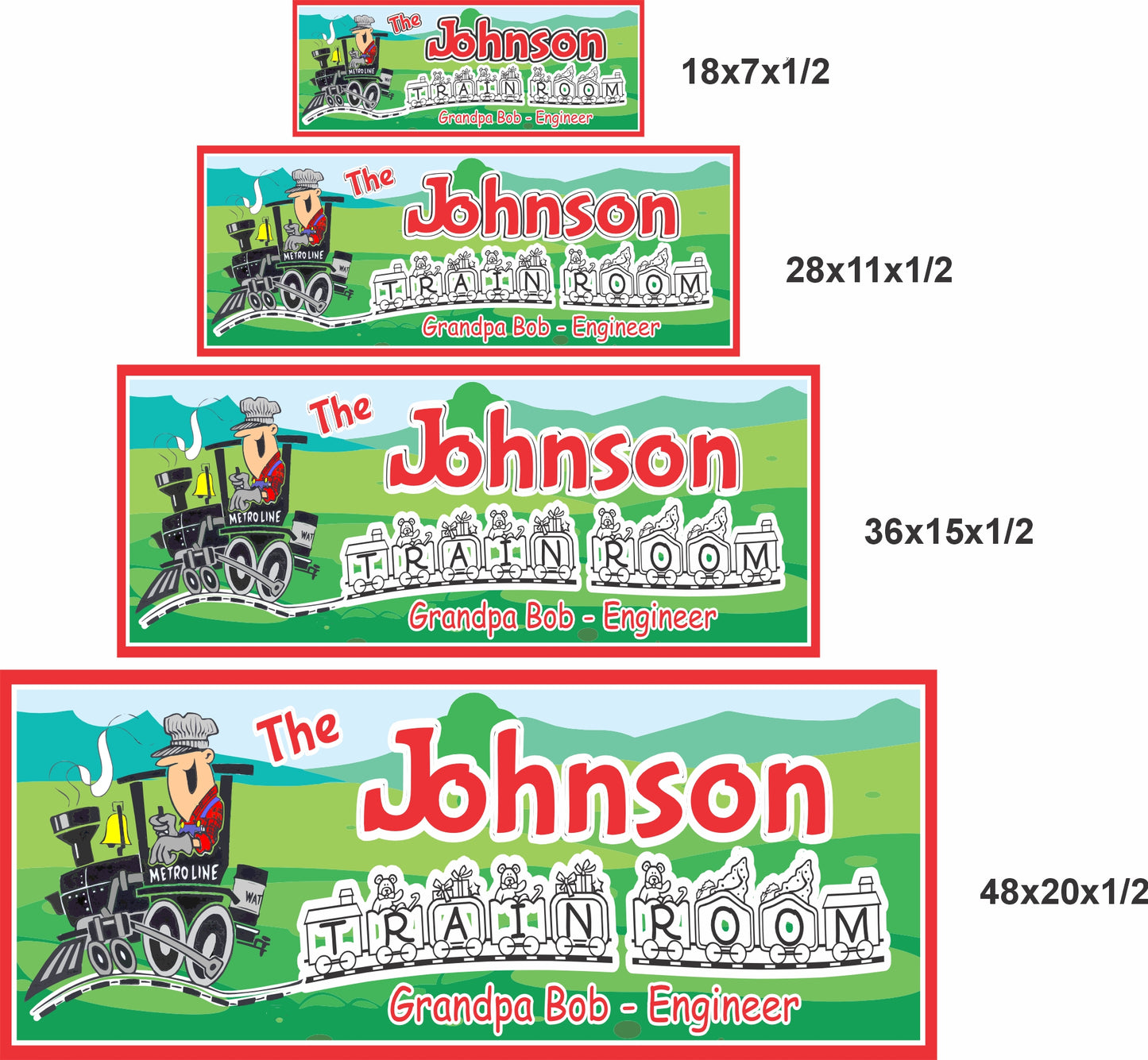 Train room sign shown in 18x7, 28x11, 36x15, and 48x20 inch size options