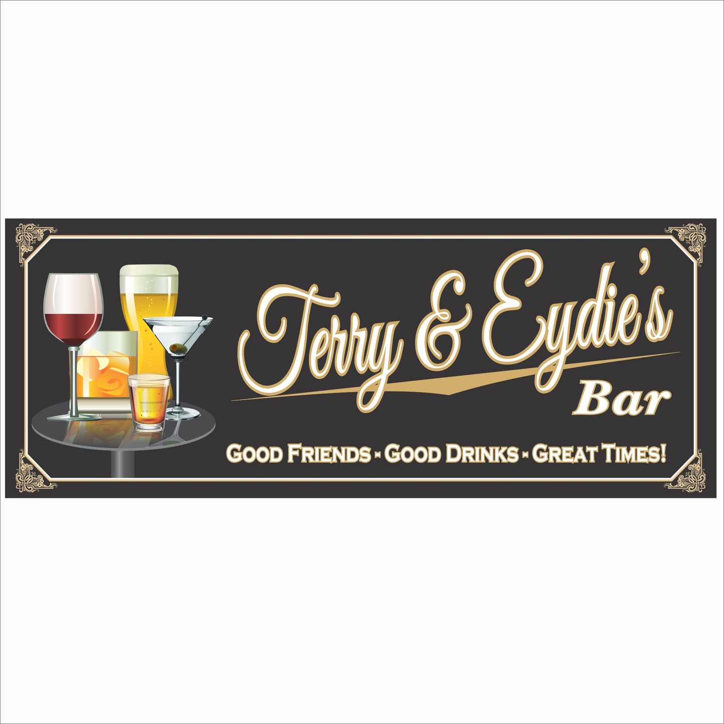 Personalized home bar sign with beer, wine, and cocktail glasses in a vintage-style rectangular wall design