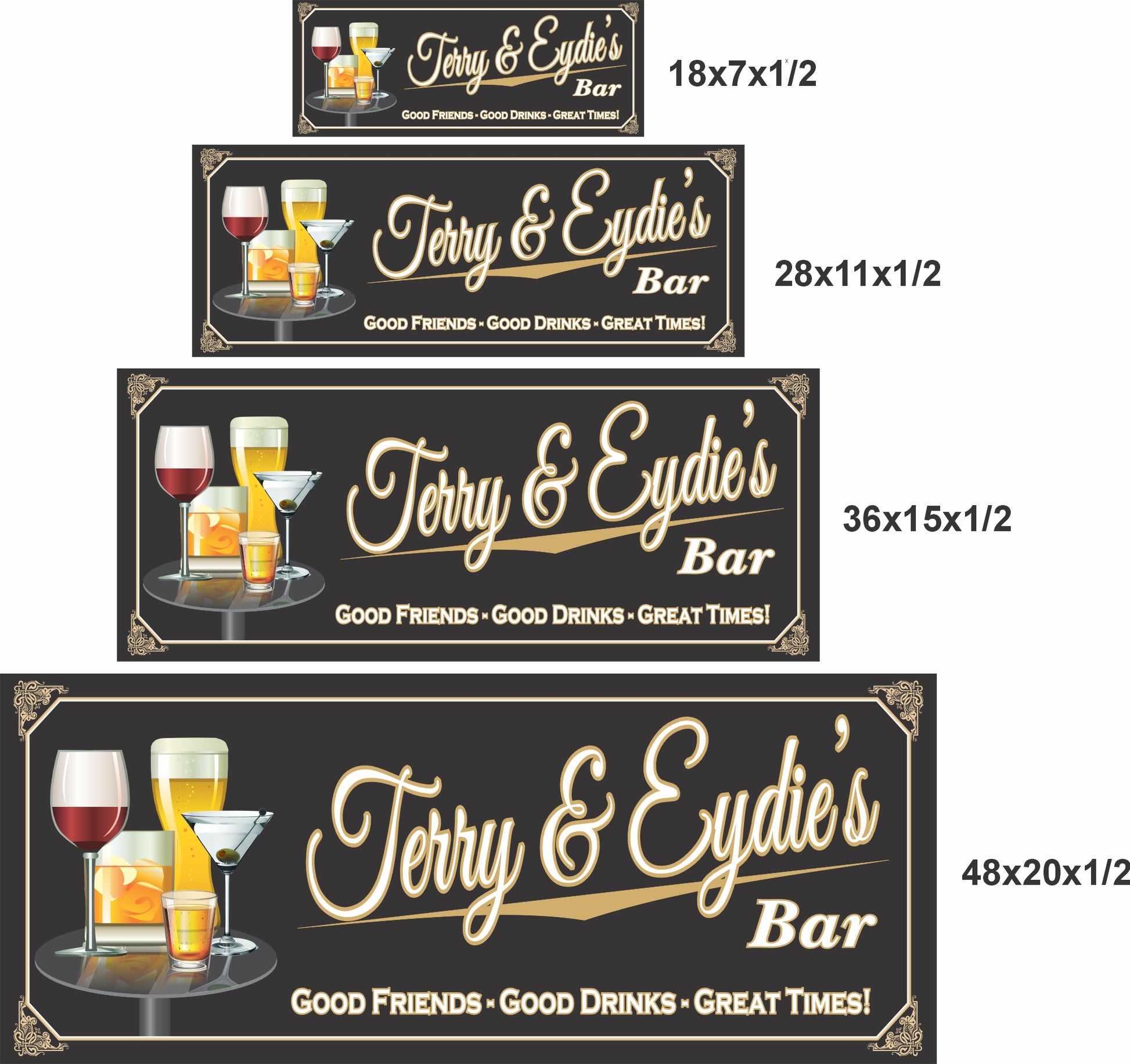 Personalized bar sign shown in 18x7, 28x11, 36x15, and 48x20 inch size options