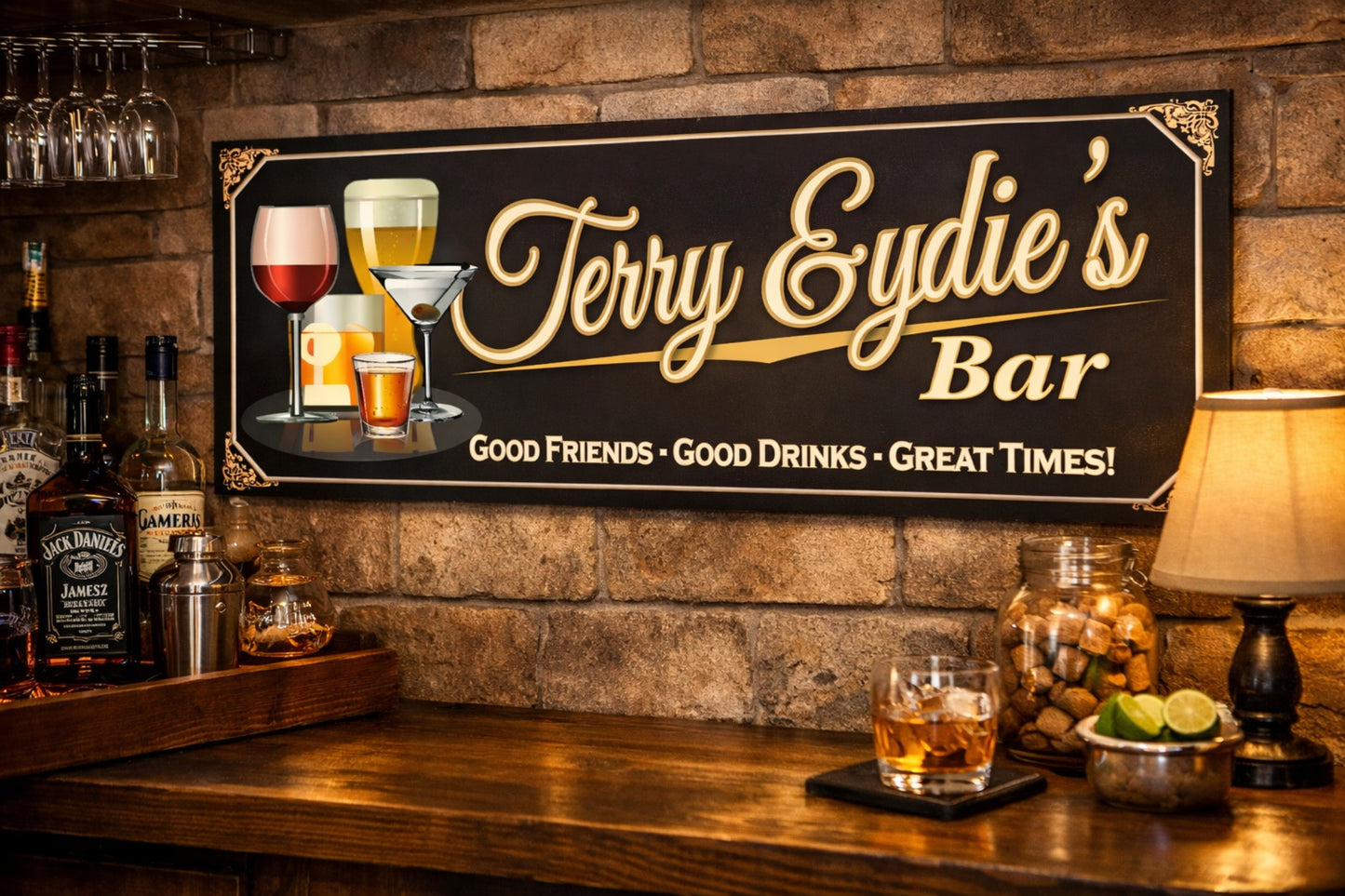 Custom home bar sign mounted on a brick wall above a wood bar counter with liquor bottles and warm lighting