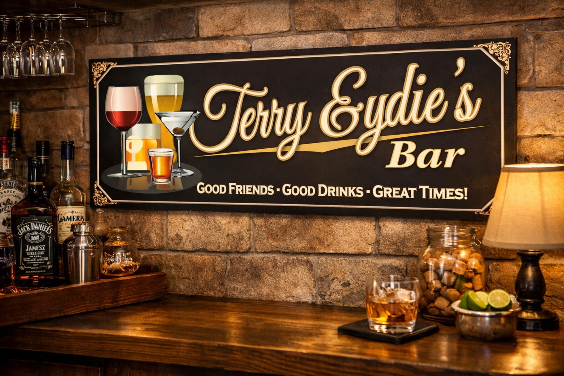 Custom home bar sign mounted on a brick wall above a wood bar counter with liquor bottles and warm lighting