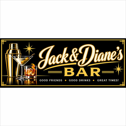 Personalized home bar sign with black and gold cocktail design, shaker, martini, whiskey glass and three customizable text lines.