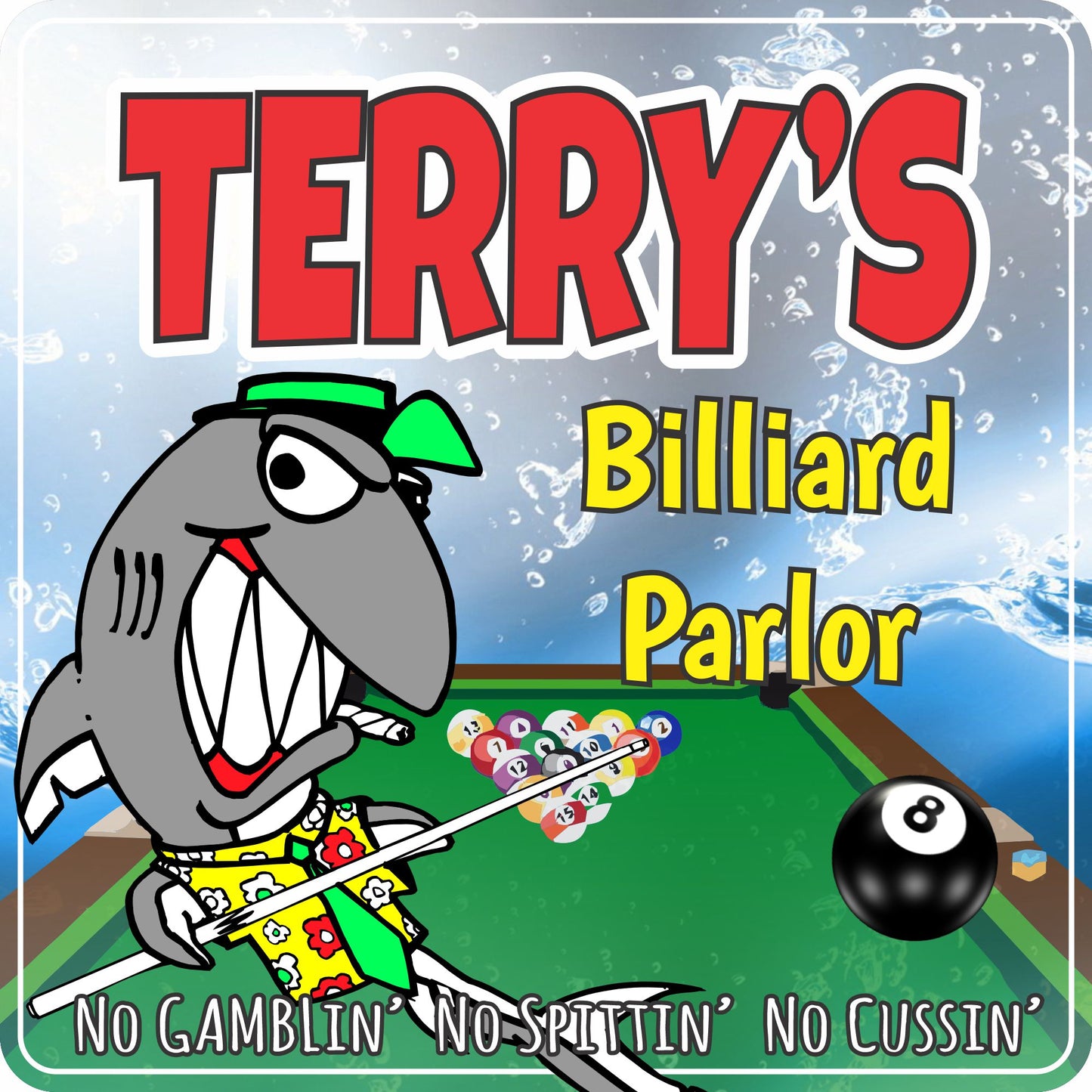 personalized billiards parlor sign with cartoon pool shark and billiard balls, custom game room wall decor
