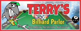 Custom billiard parlor sign with pool shark and 8 ball decor