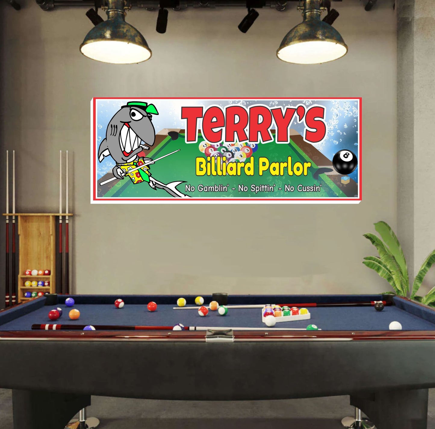 personalized billiards parlor wall sign hanging above a pool table in a game room, cartoon pool shark, custom name at top
