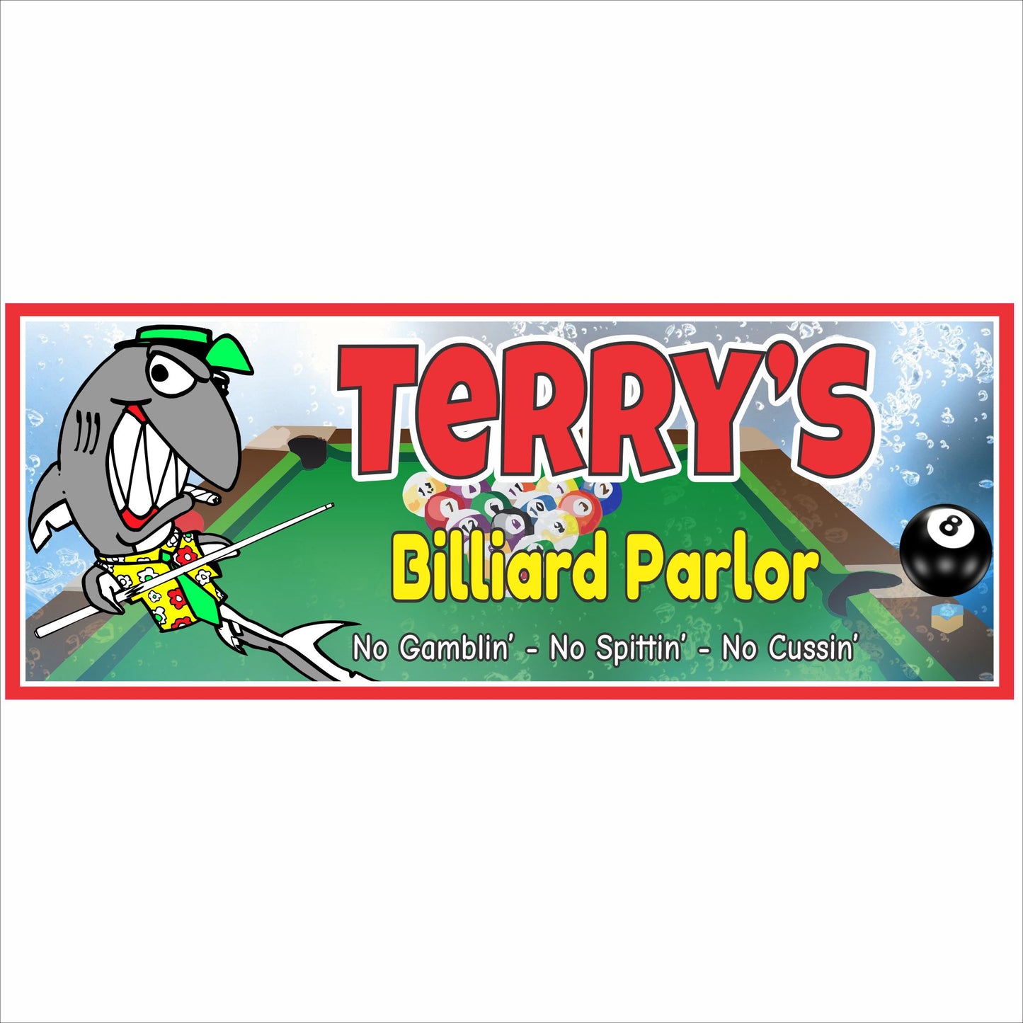 personalized pool hall sign with cartoon pool shark and billiard balls, custom billiards parlor wall decor