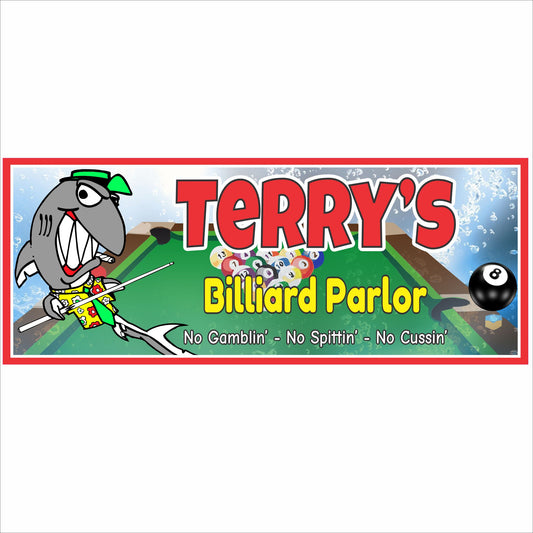 personalized pool hall sign with cartoon pool shark and billiard balls, custom billiards parlor wall decor