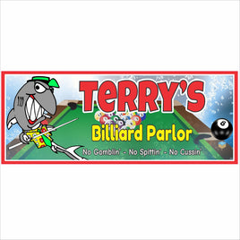 personalized pool hall sign with cartoon pool shark and billiard balls, custom billiards parlor wall decor