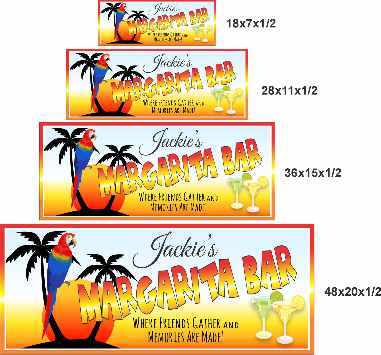 Margarita Bar sign shown in 18x7, 28x11, 36x15, and 48x20 sizes
