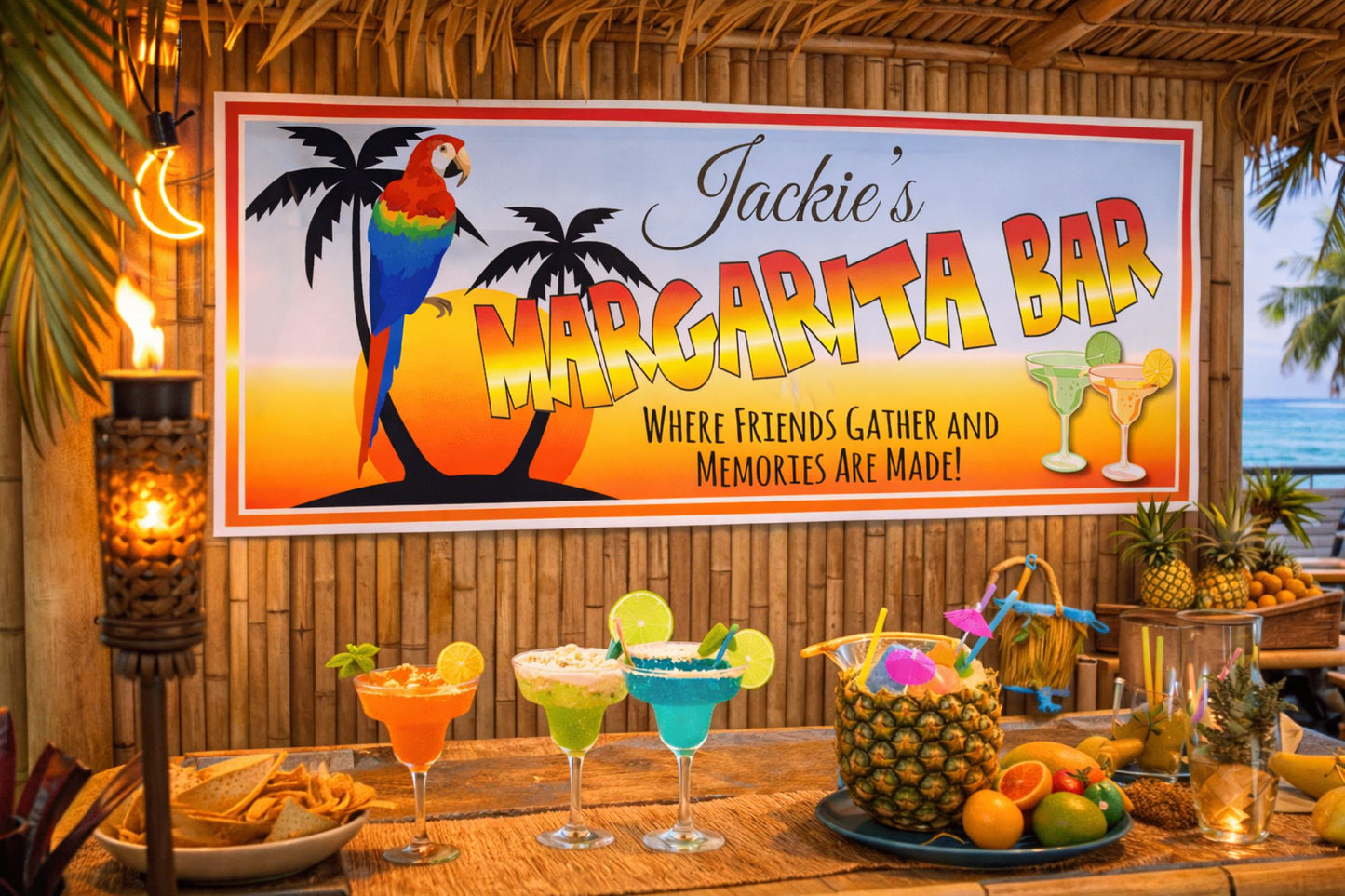Custom Margarita Bar sign displayed in a tiki bar setting with tropical drinks