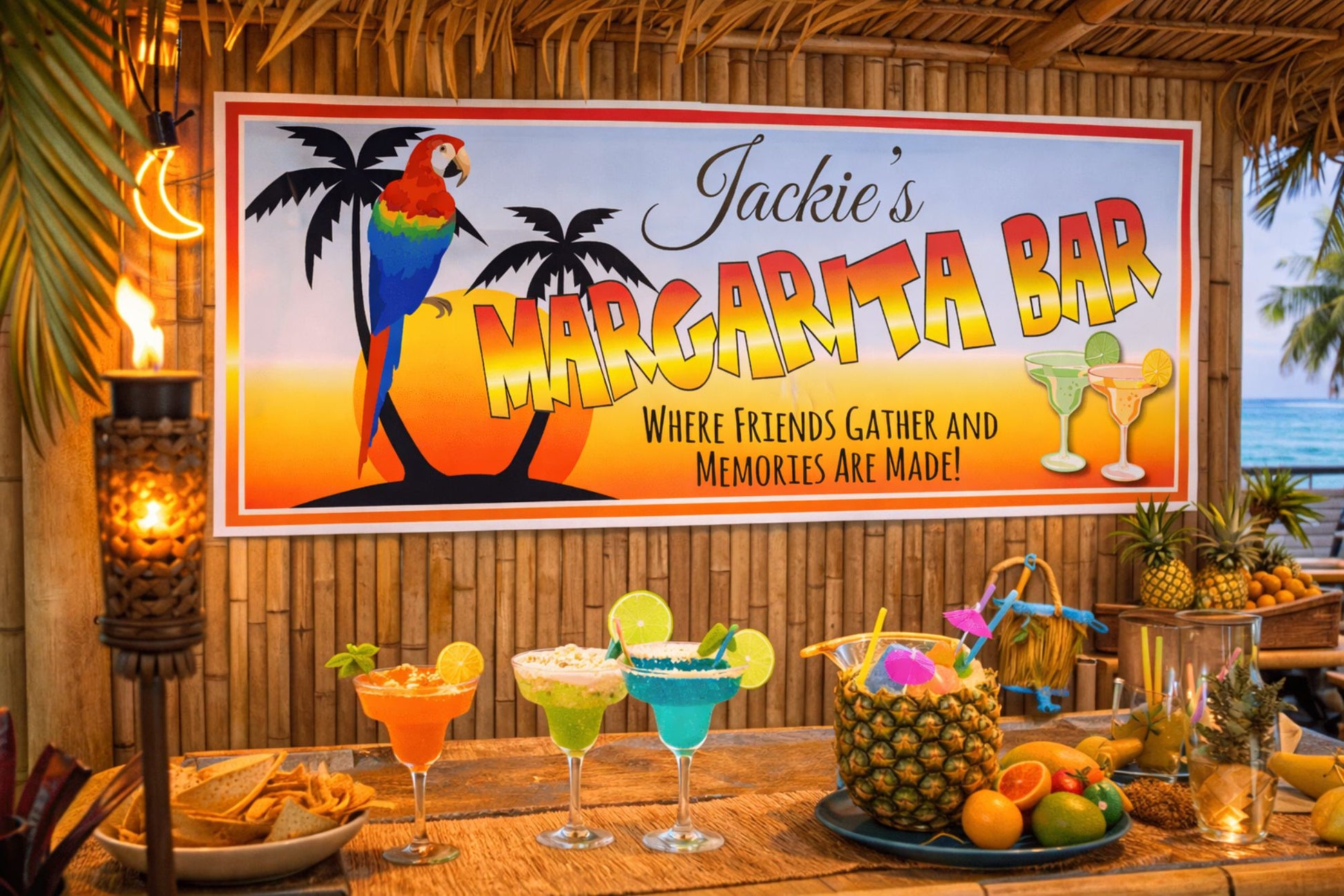 Custom Margarita Bar sign displayed in a tiki bar setting with tropical drinks