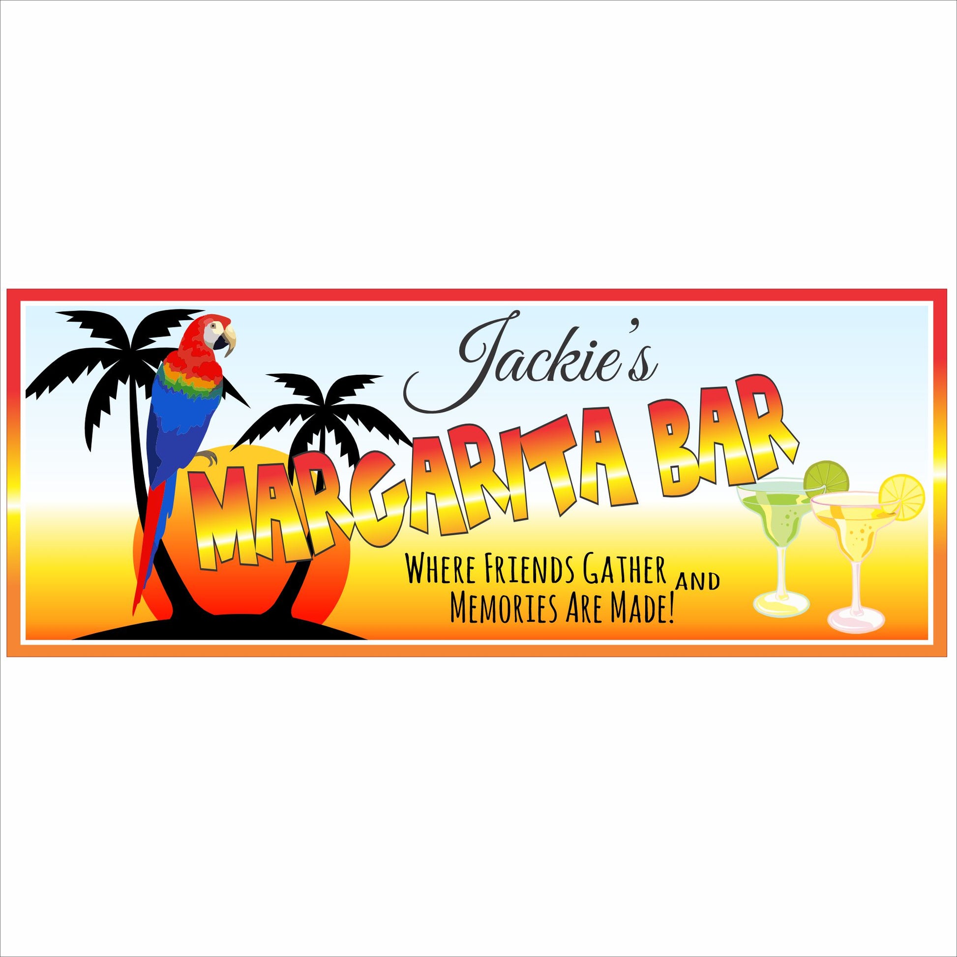 Personalized Margarita Bar sign with parrot, palm trees, cocktails, and tropical sunset background