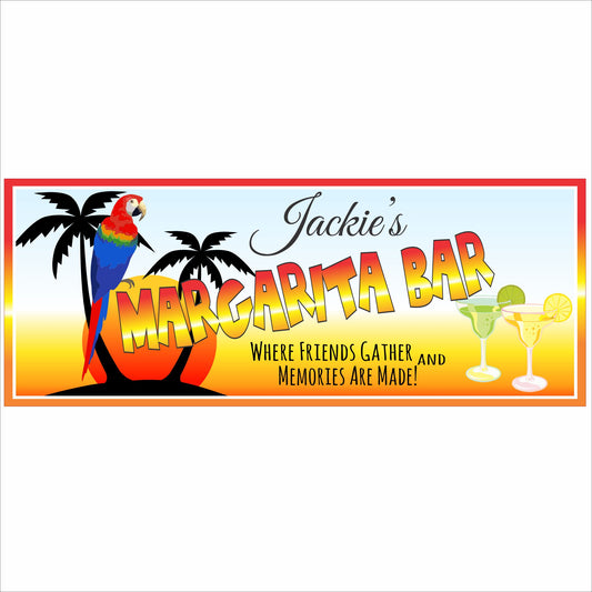 Personalized Margarita Bar sign with parrot, palm trees, cocktails, and tropical sunset background