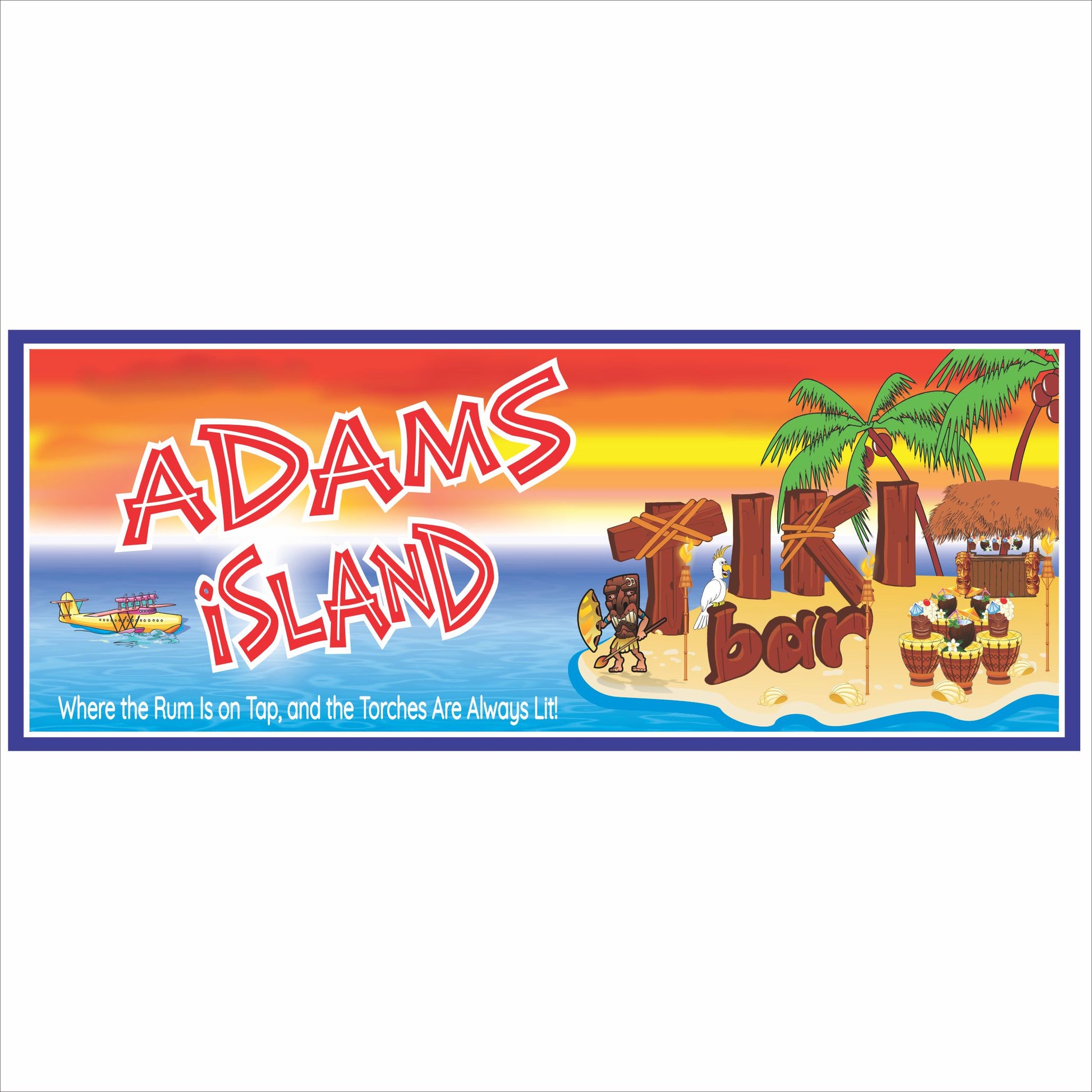 Personalized island tiki bar sign with fixed “Tiki Bar” wording, palm trees, sunset, cocktails, and tropical beach scene printed on rigid PVC.