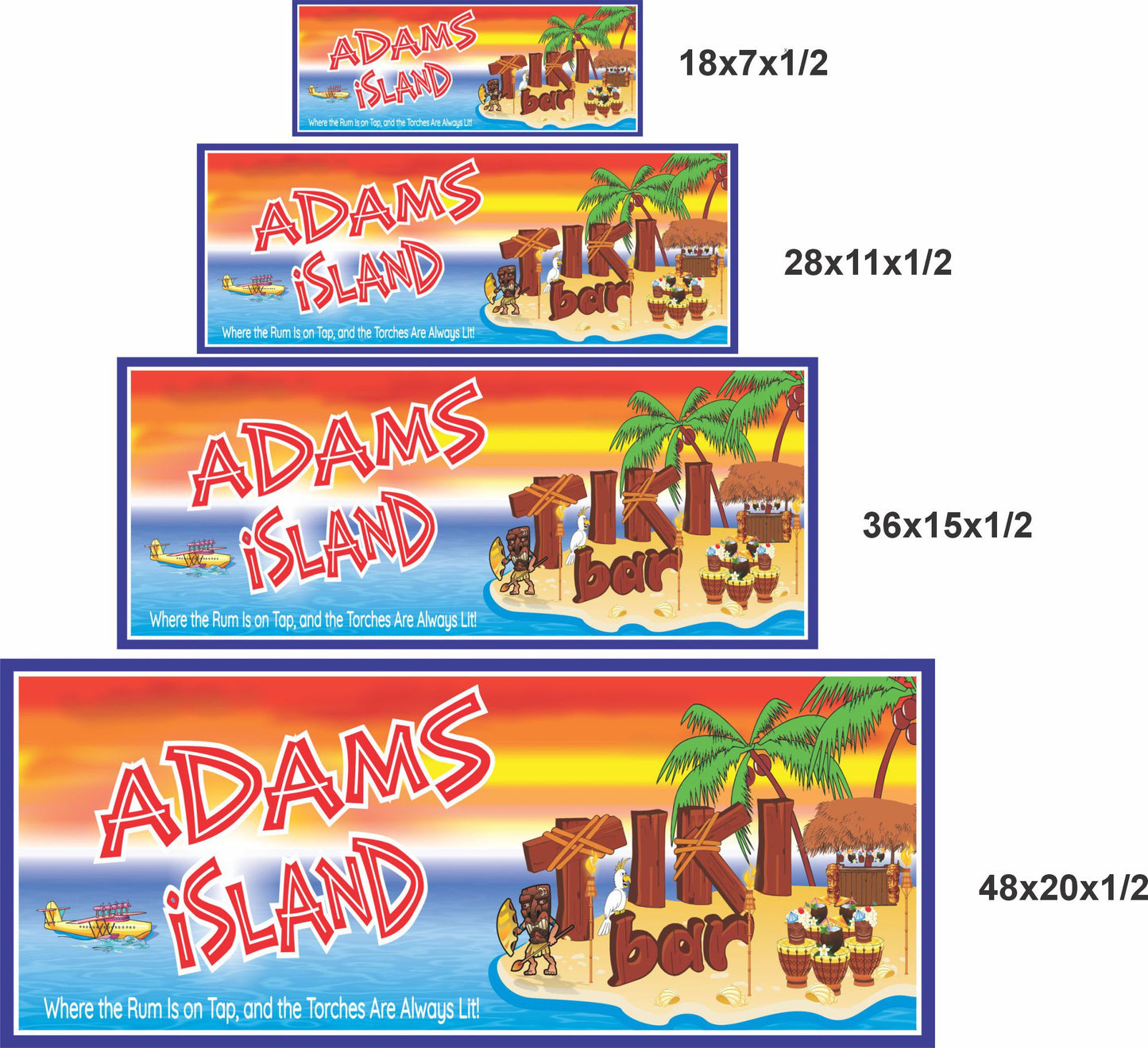Tiki bar island sign shown in four size options including 18x7, 28x11, 36x15, and 48x20 inches.