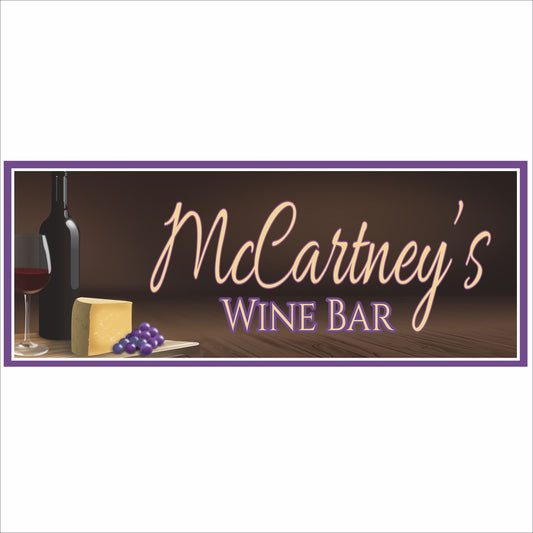 Personalized wine bar sign with elegant script lettering, wine bottle, glass, cheese, and grapes
