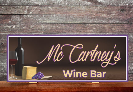 Personalized Elegant Wine Bar Sign: Bottle, Glass, Grapes & Cheese