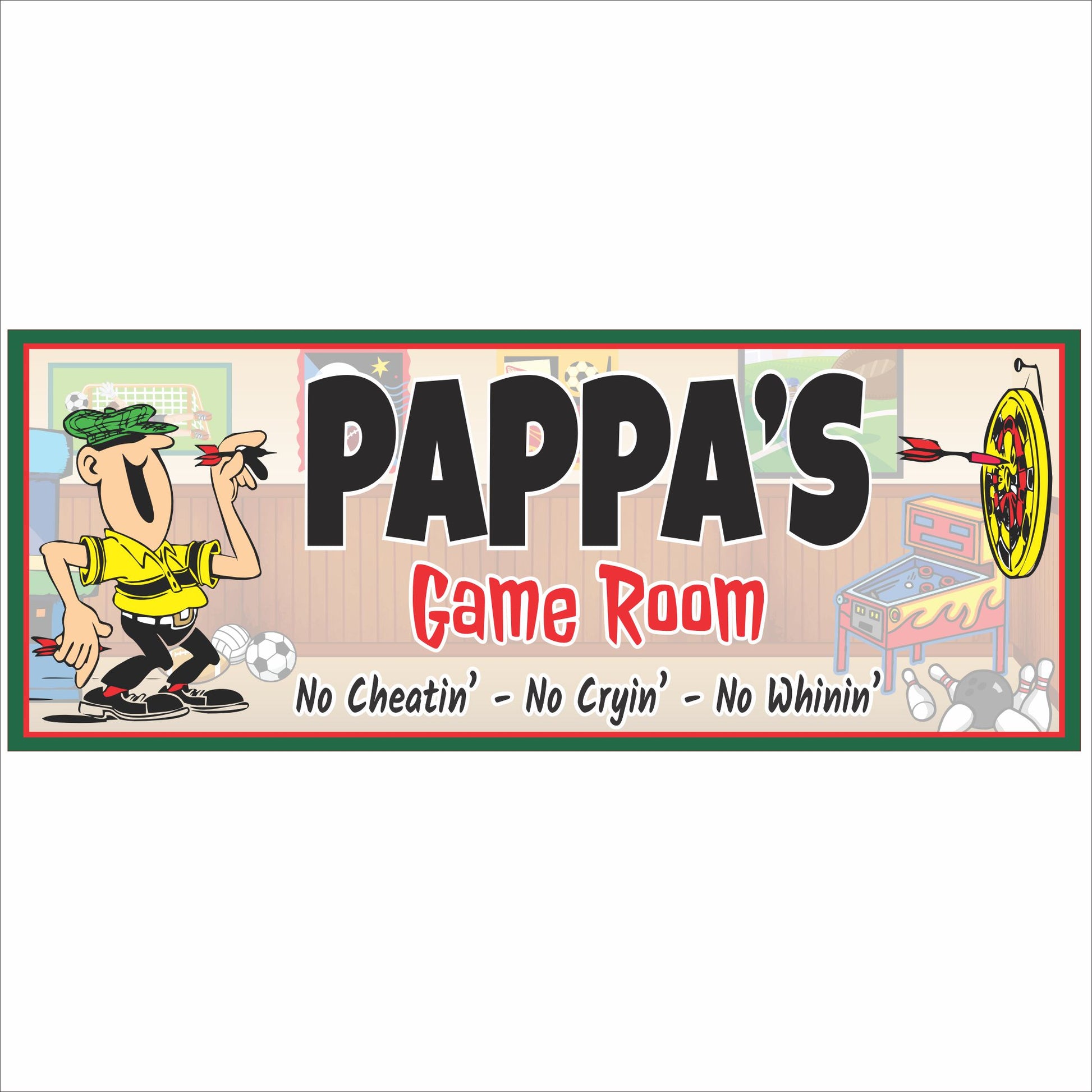 Personalized Pappa’s Game Room sign with cartoon darts player, arcade graphics, and humorous house rules displayed on white background