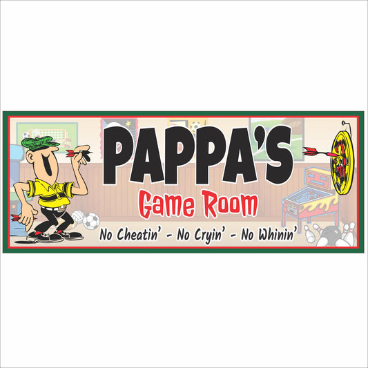 Personalized Pappa’s Game Room sign with cartoon darts player, arcade graphics, and humorous house rules displayed on white background