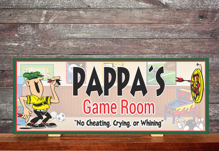 Custom Game Room Sign: Cartoon Man, Dart Board & Pinball