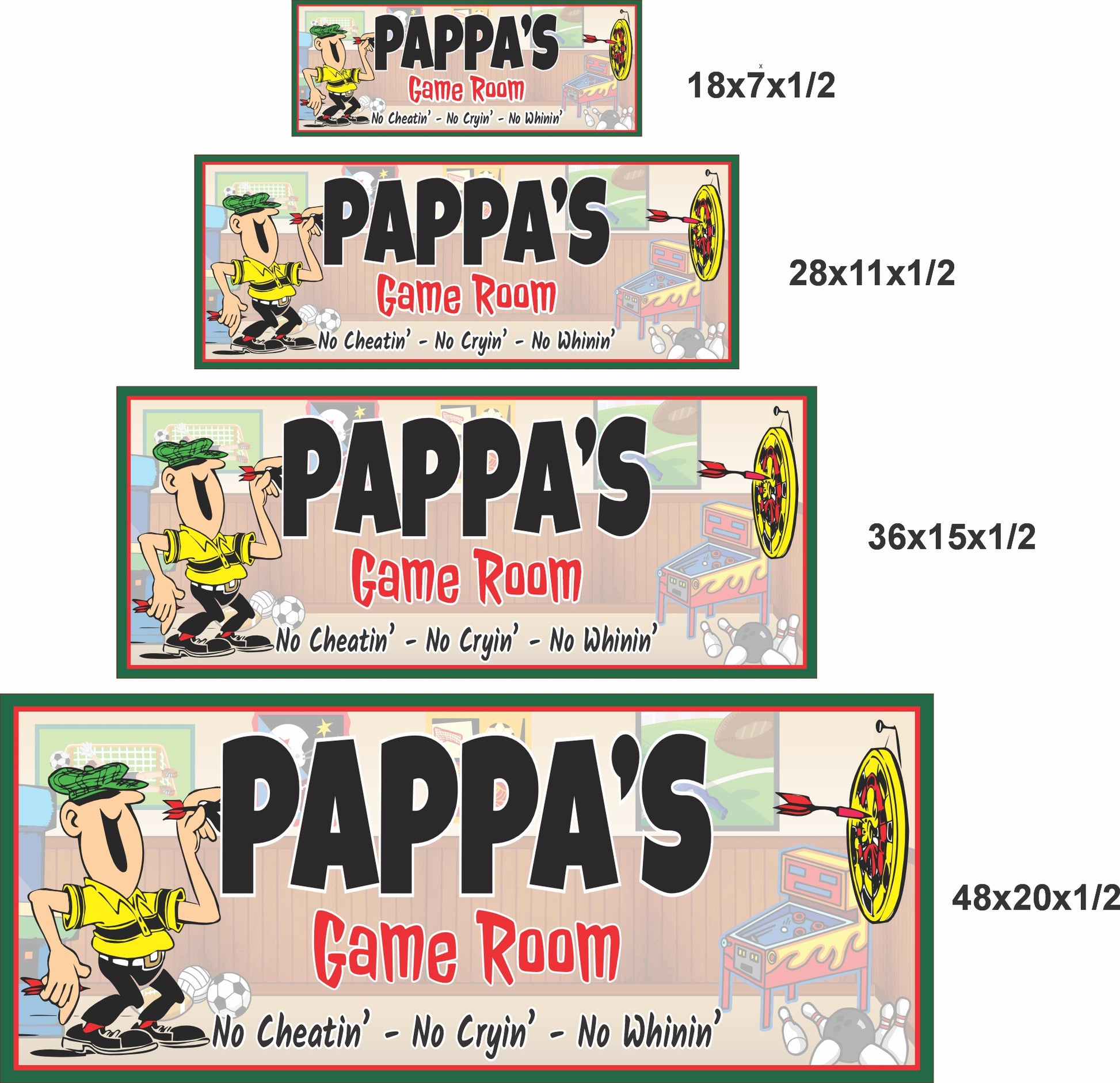Pappa’s Game Room sign shown in 18x7, 28x11, 36x15, and 48x20 inch size options for comparison