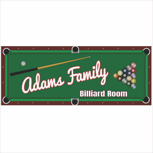 Personalized billiard room sign with pool table design, cue stick, and racked balls printed on rigid PVC.