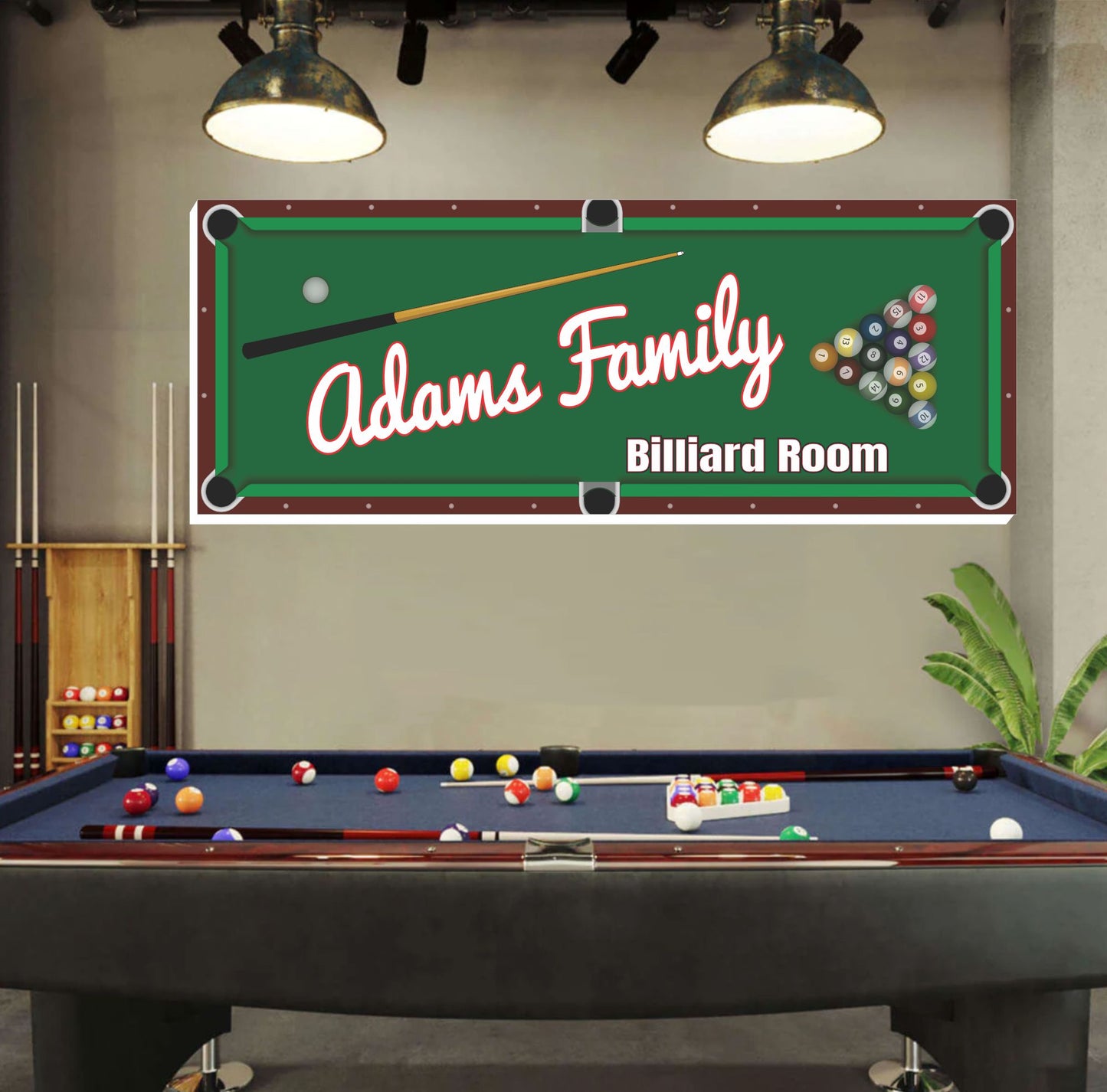 Billiard room sign displayed above a pool table in a home game room with overhead lighting.