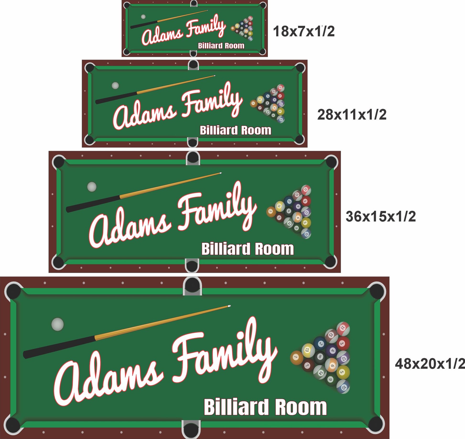 Billiard room sign shown in four size options including 18x7, 28x11, 36x15, and 48x20 inches.