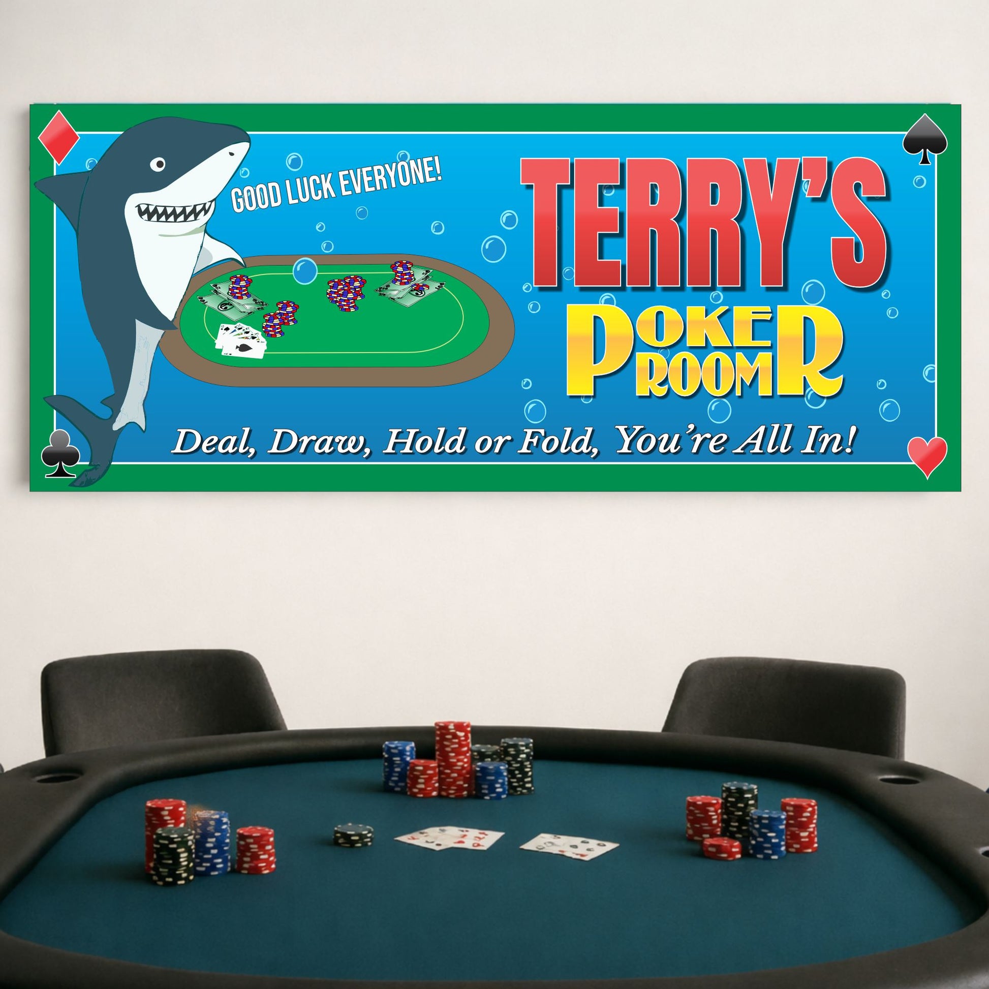 Poker room wall sign displayed above a card table in a home game room setting