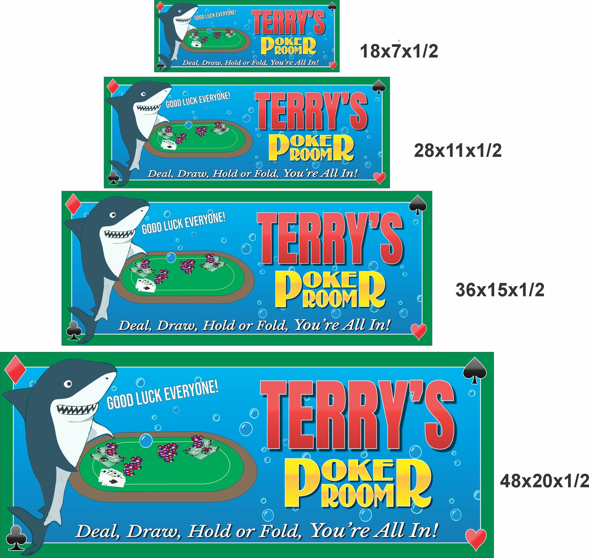 Poker room wall sign showing available sizes 18x7, 28x11, 36x15, and 48x20 inches