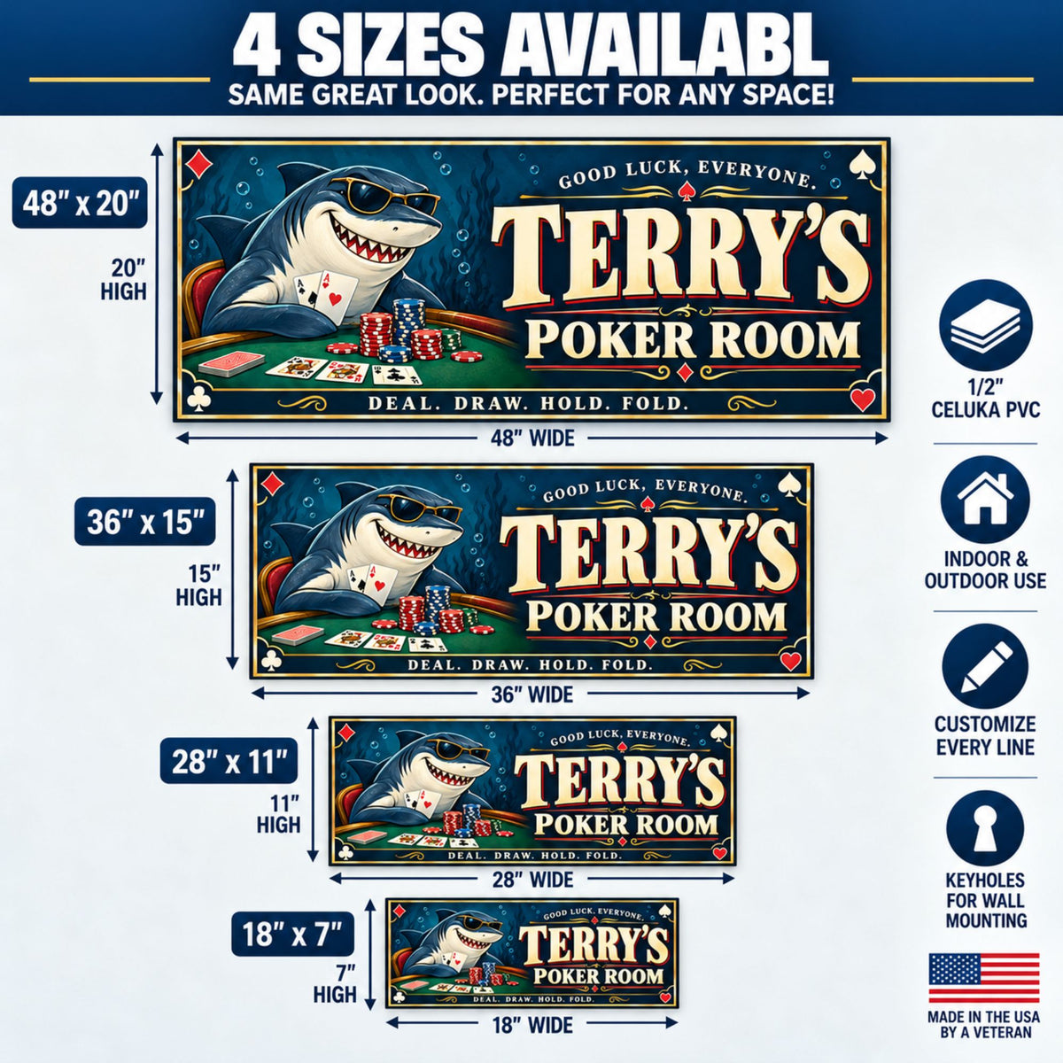 Poker room sign in 18×7, 28×11, 36×15, and 48×20-inch sizes, with Celuka PVC and keyhole mounting details.