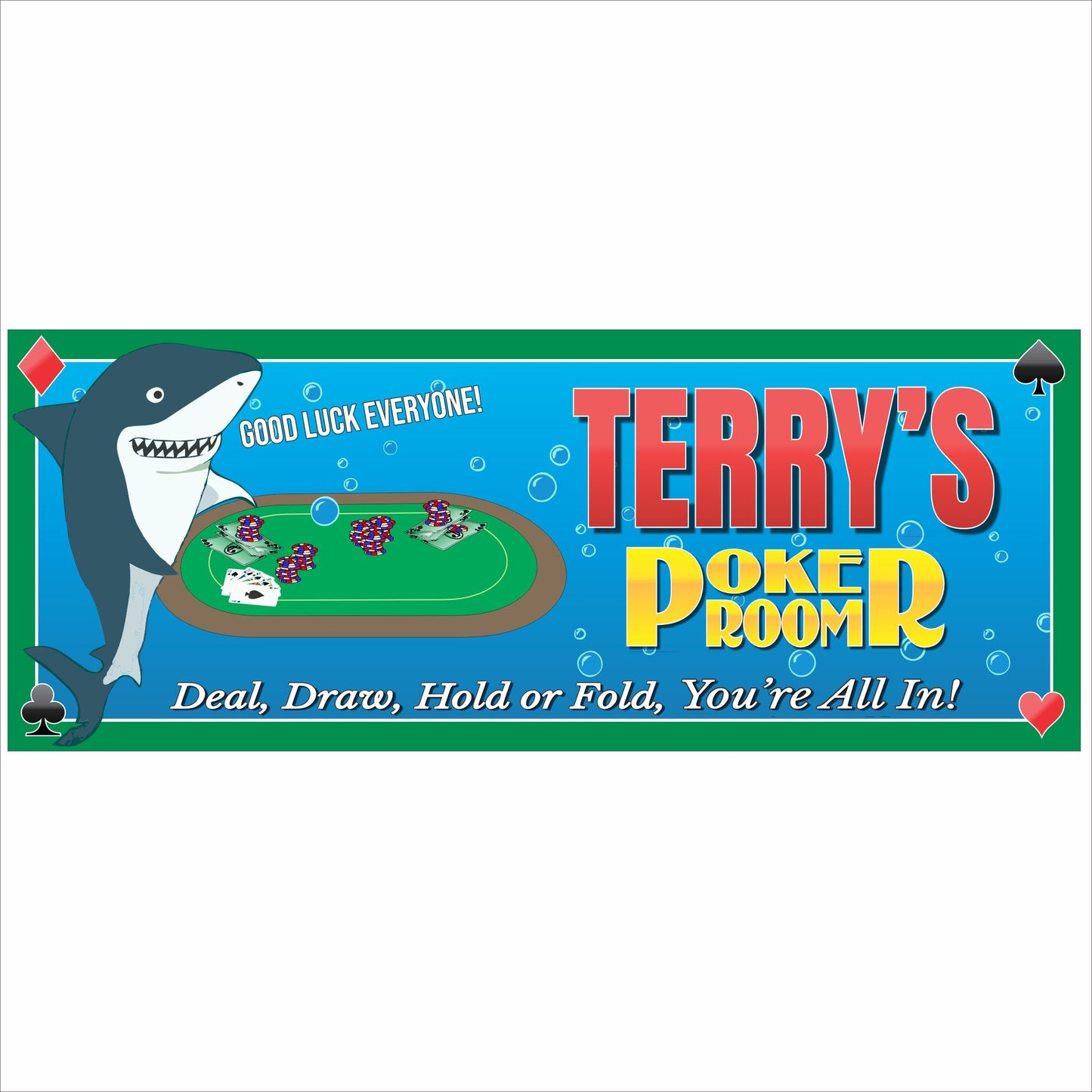 Poker room wall sign with card table and shark illustration personalized for game room decor