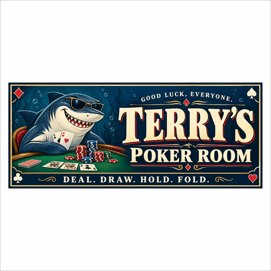 Personalized poker room sign featuring a shark in sunglasses, playing cards, poker chips, cream lettering, and a solid gold border on navy.
