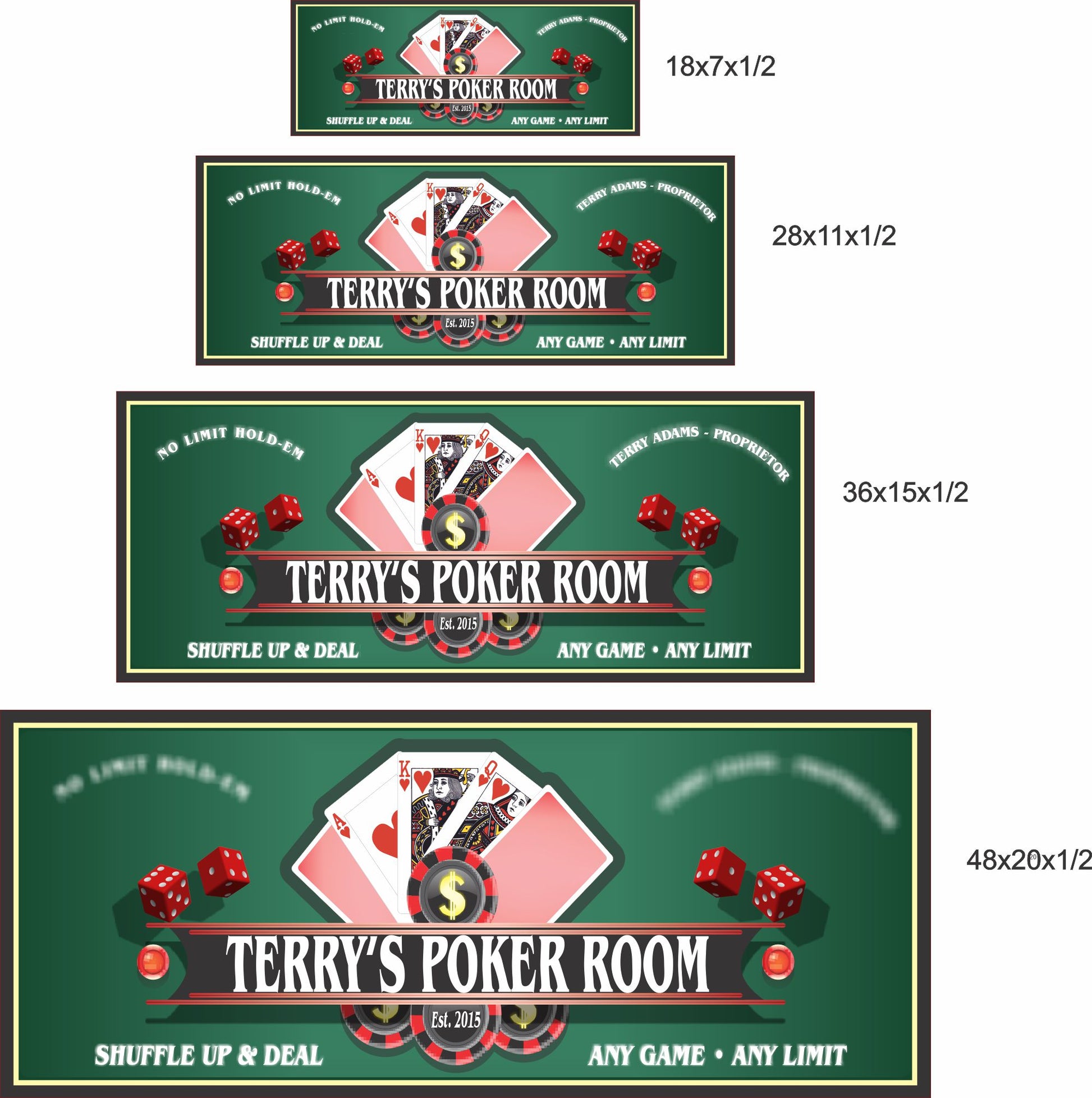 Poker room sign shown in four size options including 18x7, 28x11, 36x15, and 48x20 inches.