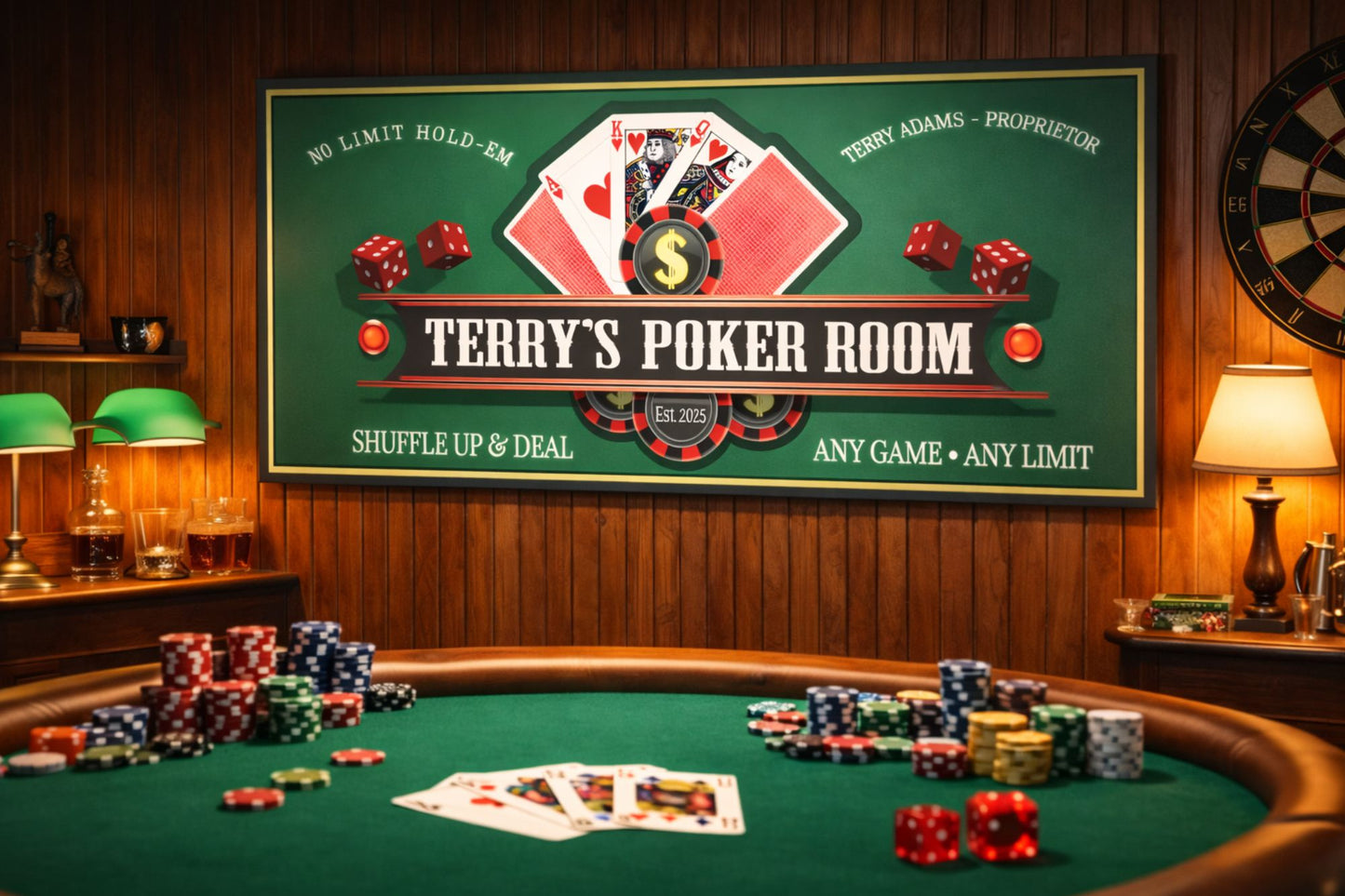 Poker room sign displayed above a gaming table in a casino-style home game room.