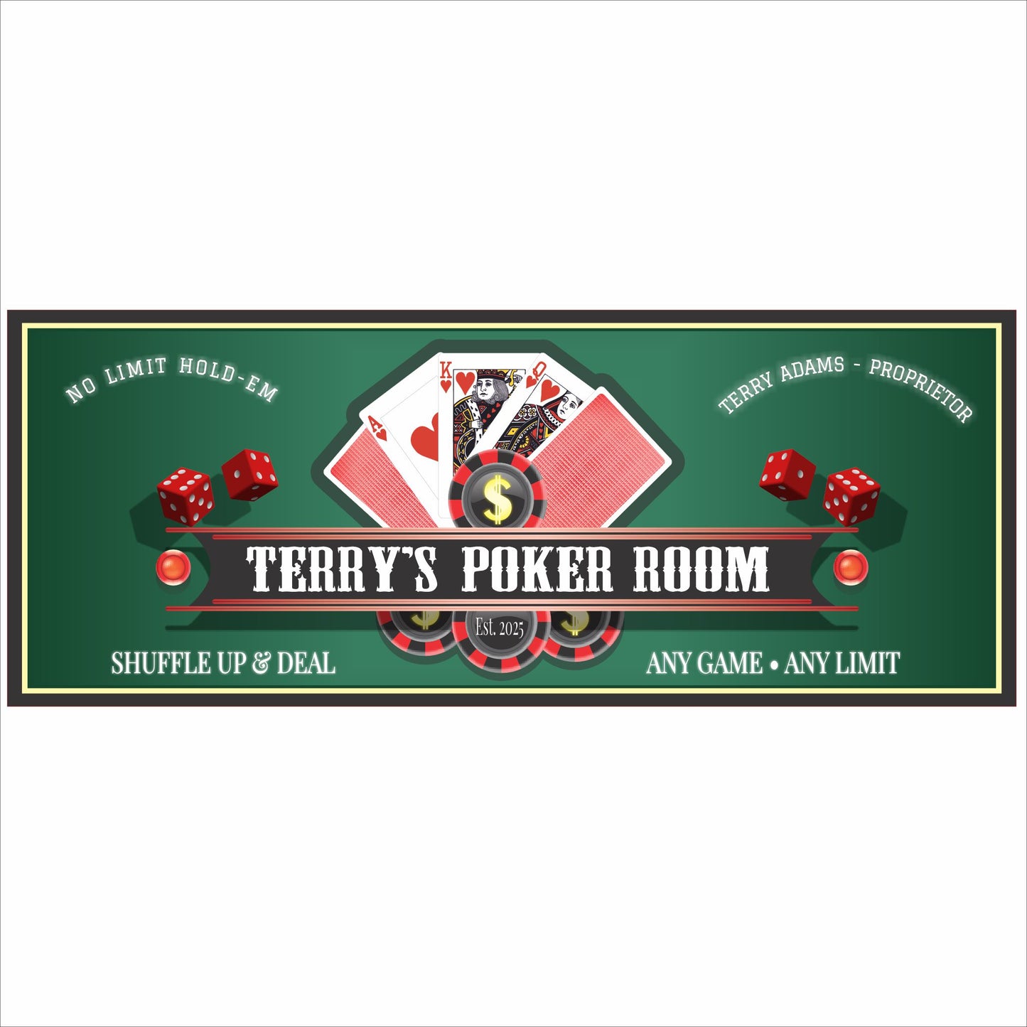 Personalized poker room sign with playing cards, dice, poker chips, and casino-style graphics printed on rigid PVC.