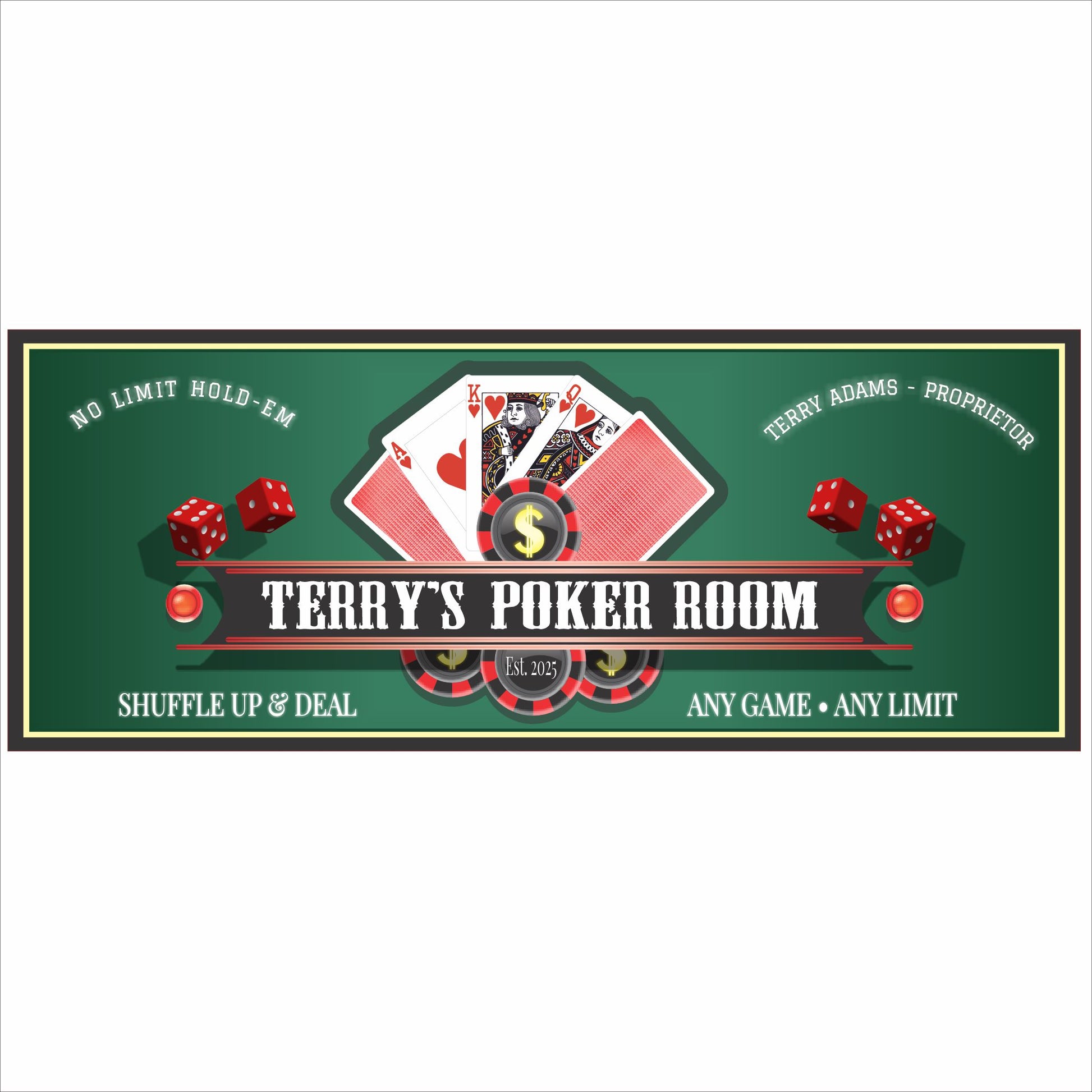 Personalized poker room sign with playing cards, dice, poker chips, and casino-style graphics printed on rigid PVC.