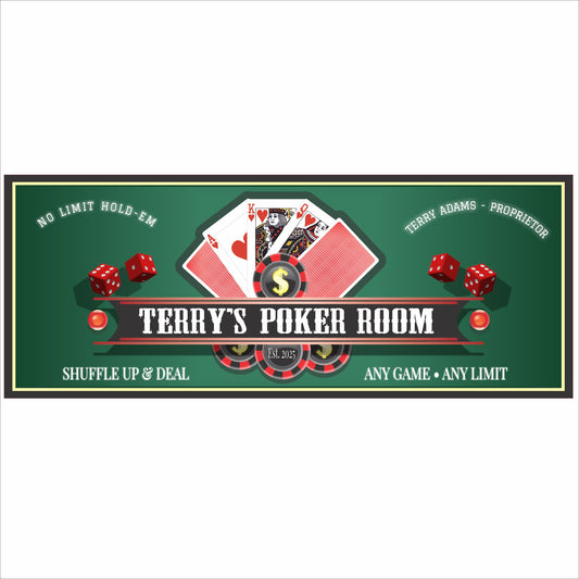 Personalized poker room sign with playing cards, dice, poker chips, and casino-style graphics printed on rigid PVC.