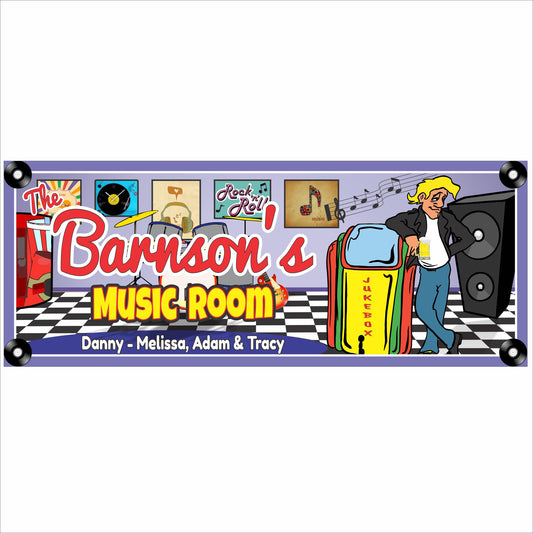 Personalized music room sign for a man cave or game room with retro artwork, speakers, musical graphics, and customizable character hair color printed on rigid PVC.