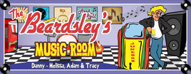 Personalized Retro Music Room Sign: Juke Box, Speaker, Drum Kit & Checkered Floor