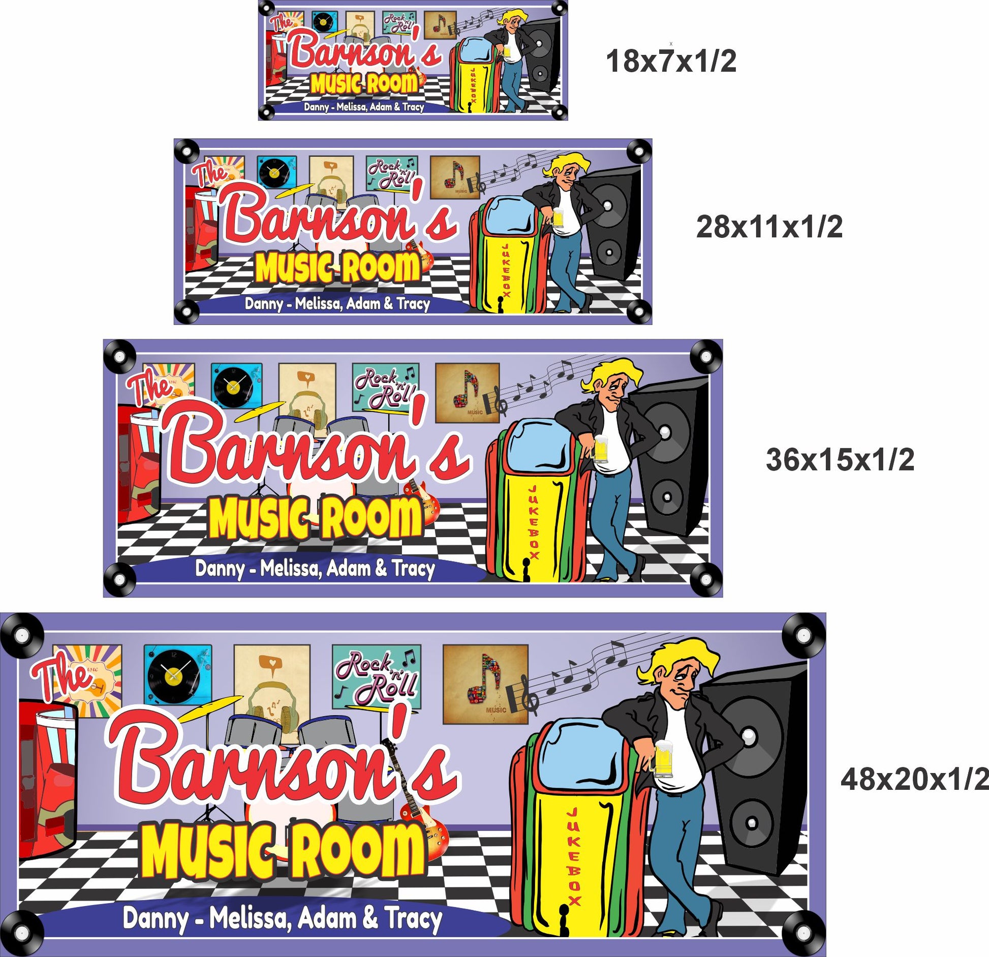 Music room sign shown in four size options including 18x7, 28x11, 36x15, and 48x20 inches.