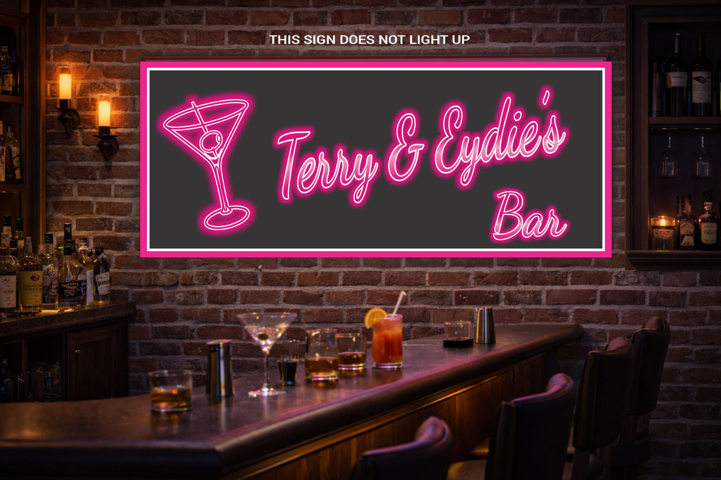 Neon-style bar sign displayed on a brick wall in a home bar setting with cocktails and ambient lighting.