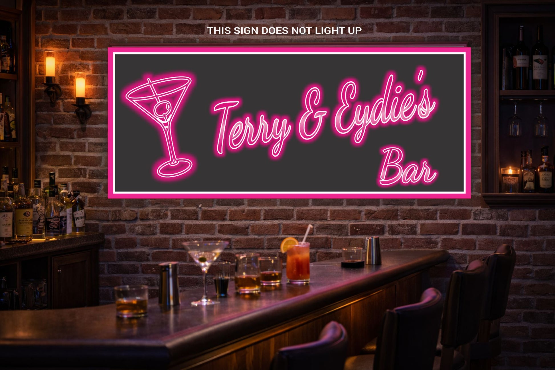 Neon-style bar sign displayed on a brick wall in a home bar setting with cocktails and ambient lighting.