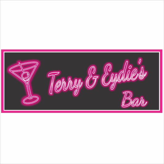 Personalized neon-style bar sign with martini glass graphic and bright pink glow effect, printed on rigid PVC for indoor or outdoor display.