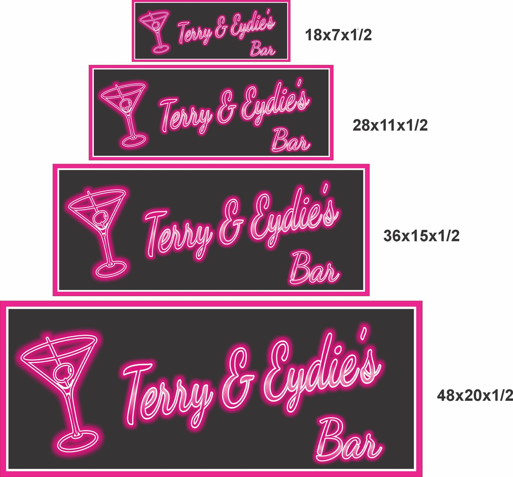 Neon-style bar sign shown in four size options including 18x7, 28x11, 36x15, and 48x20 inches