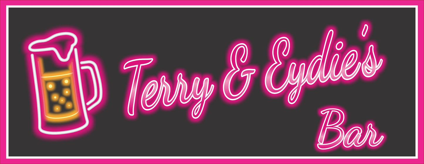 Neon-style bar sign with beer mug graphic and pink glow effect, printed on rigid PVC for home bar wall decor.