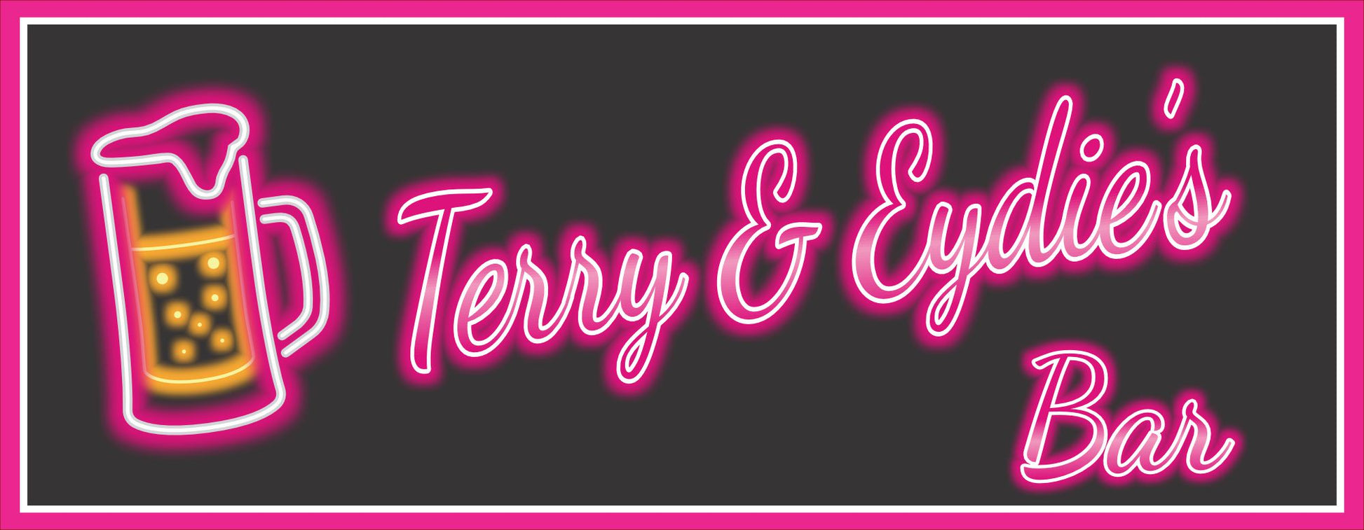 Neon-style bar sign with beer mug graphic and pink glow effect, printed on rigid PVC for home bar wall decor.