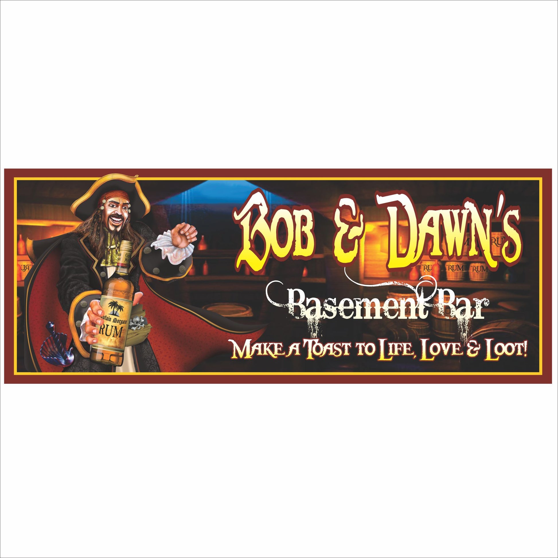 Personalized pirate basement bar sign with pirate character, lantern lighting, and customizable bar name
