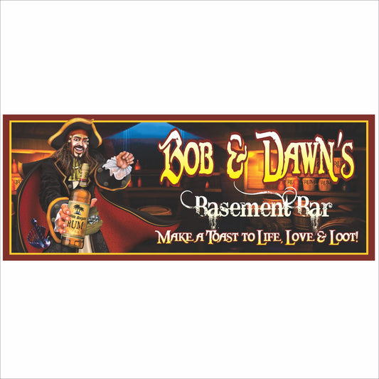 Personalized pirate basement bar sign with pirate character, lantern lighting, and customizable bar name
