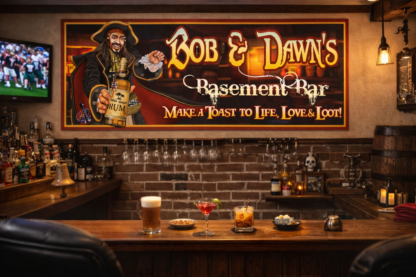 personalized pirate bar sign mounted on a brick wall in a basement bar setting